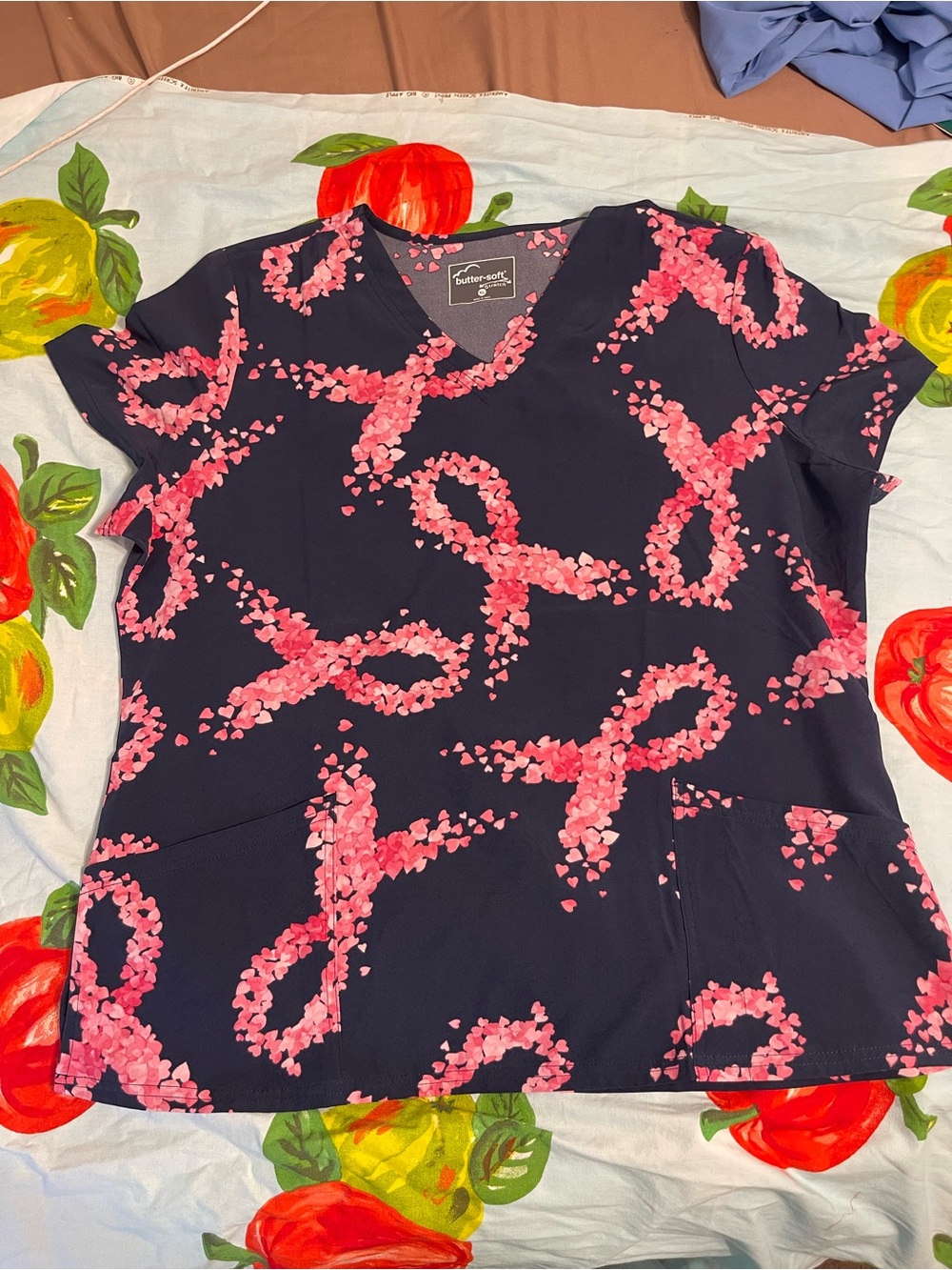 Butter Navy V-Neck Scrub Top with Pink Heart Ribbon Print